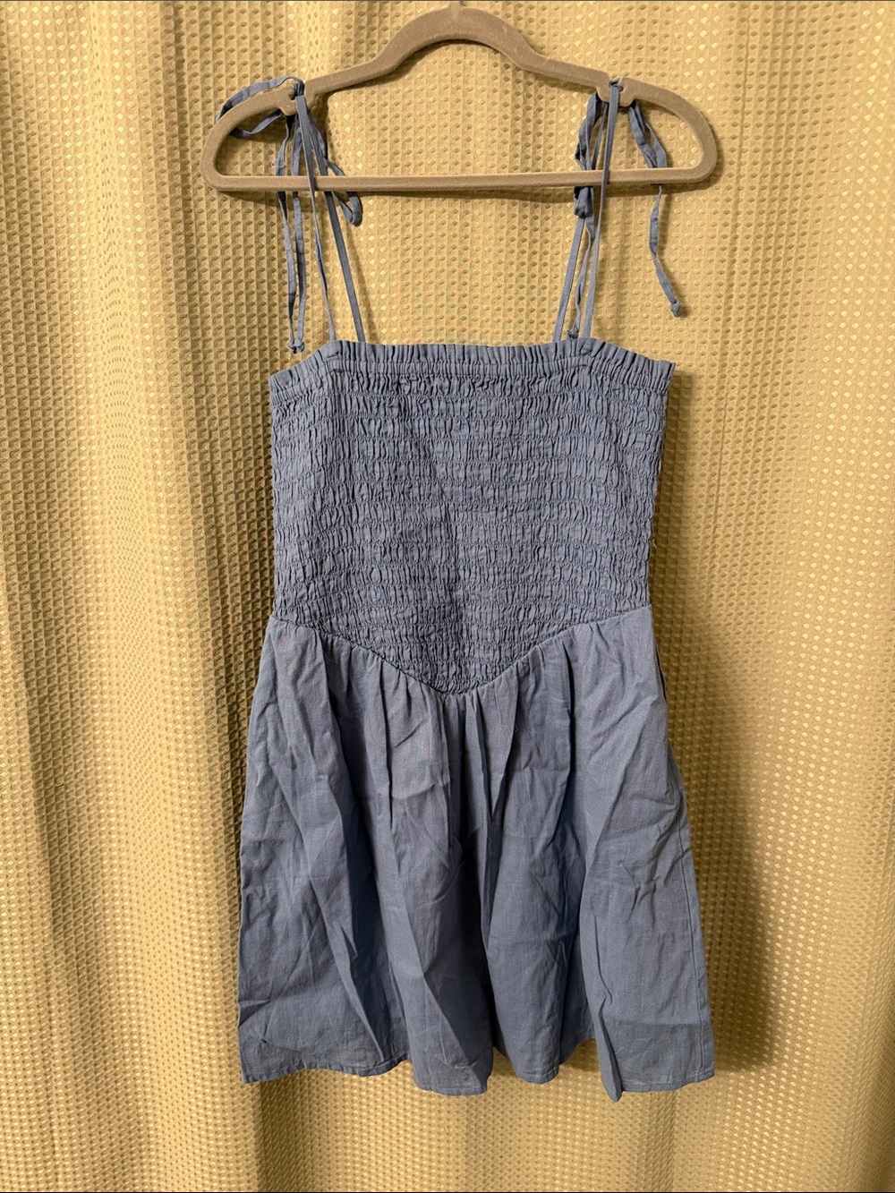 American Eagle Outfitters Blue Smocked Tie-Shoulder Mini Dress